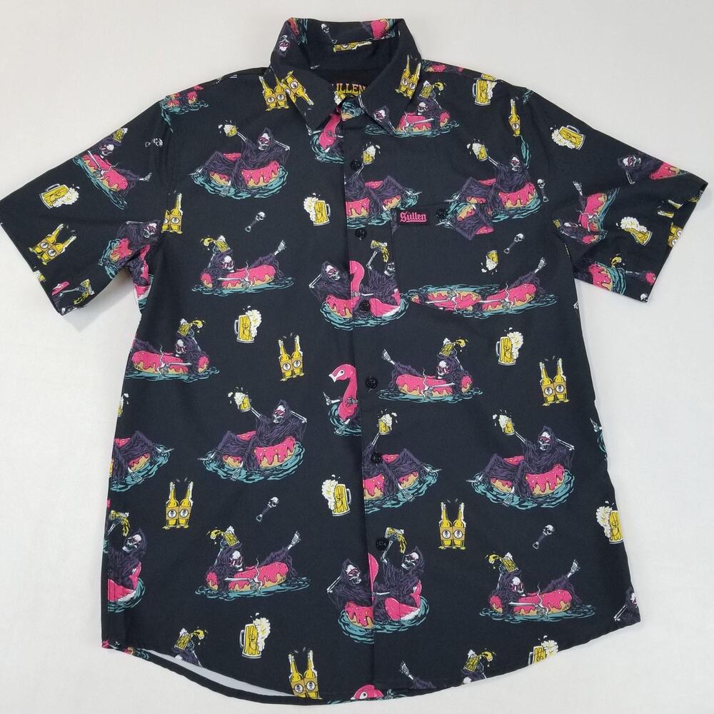 Sullen Art Co Shirt Mens Small Black Poolside Essentials Reaper Beer Button Up - Picture 10 of 10